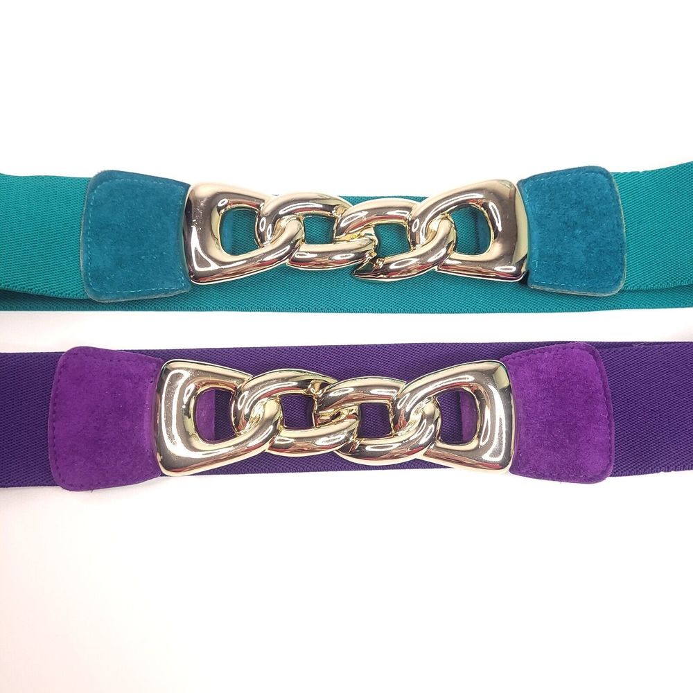 Vintage Leather Gold Belt Stretch 80s 90s Women M/L Purple Green Hunters Run USA